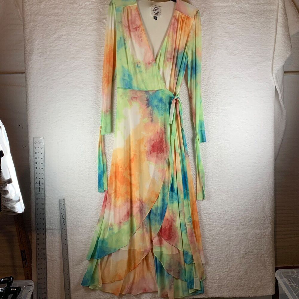 Sage Collective Women Sheer Long Sleeve Tie-Dyed Wrap Maxi Dress Fairy Rainbow 8